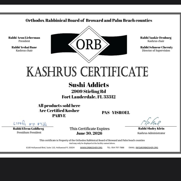 A Kashrus Certificate for Sushi Addicts from the Orthodox Rabbinical Board, expiring June 30, 2026.