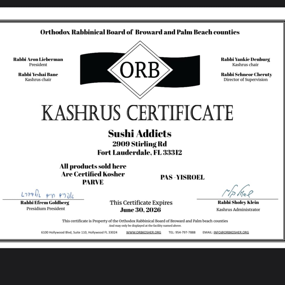 A Kashrus Certificate for Sushi Addicts from the Orthodox Rabbinical Board, expiring June 30, 2026.