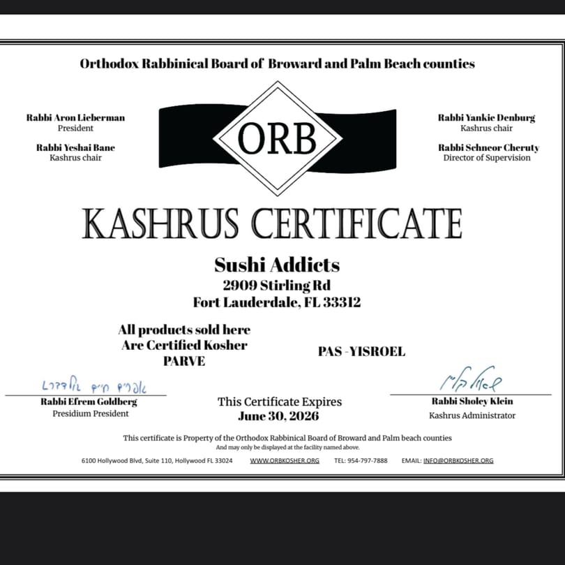 A Kashrus Certificate for Sushi Addicts from the Orthodox Rabbinical Board, expiring June 30, 2026.