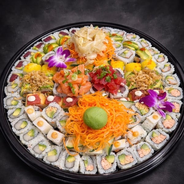 Large sushi platter with various rolls, sashimi, wasabi, ginger, and purple orchids.