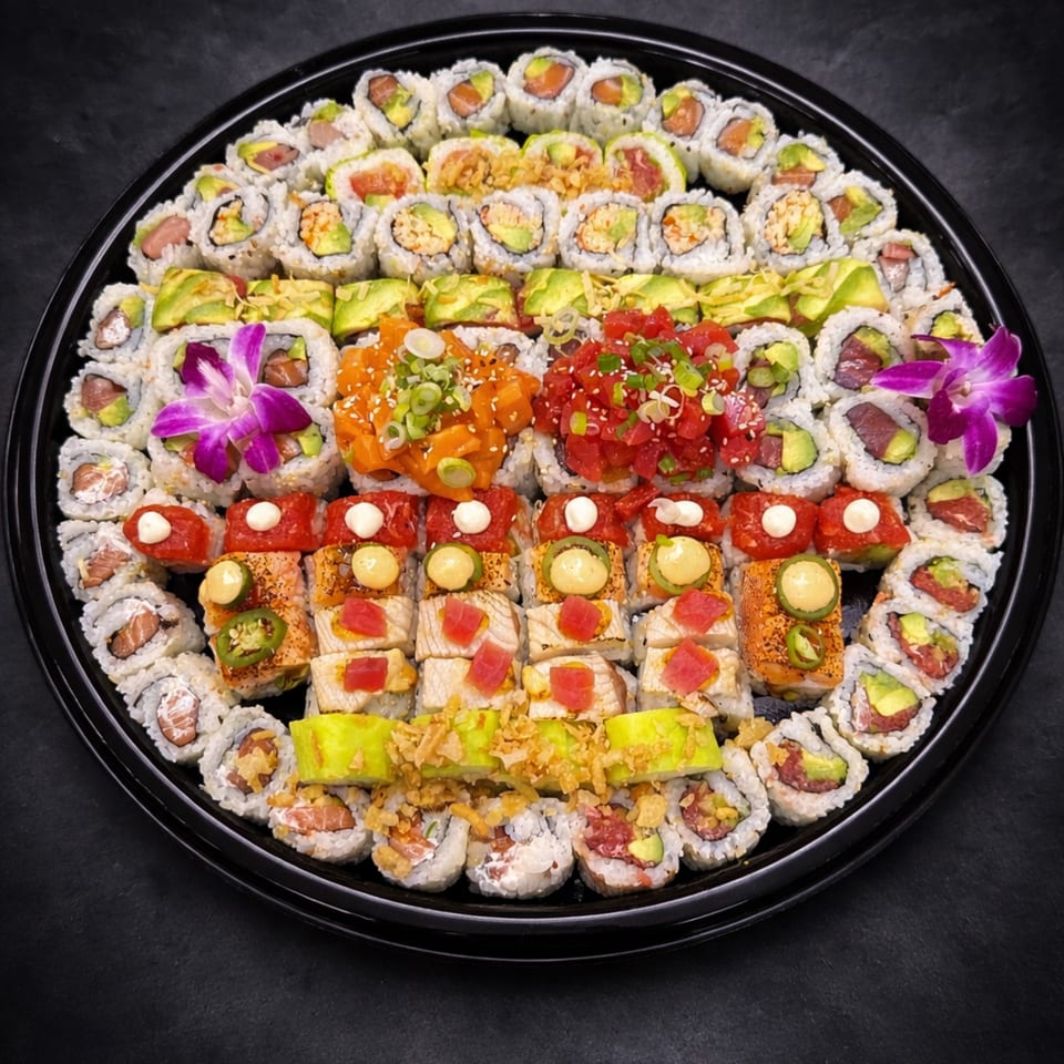 Large black platter filled with various sushi rolls, sashimi, and two purple orchid garnishes.