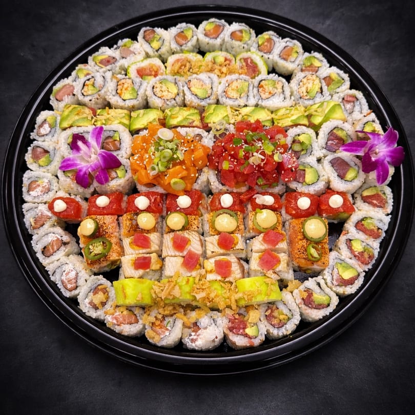 Large black platter filled with various sushi rolls, sashimi, and two purple orchid garnishes.